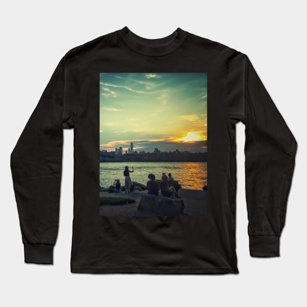 Sunset Sky Manhattan Skyline Brooklyn NYC Long Sleeve T-Shirt by eleonoraingrid